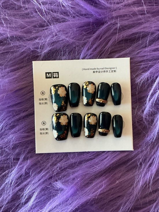 Other - Floral Dark Teal Press-On Nails with Gold Accents